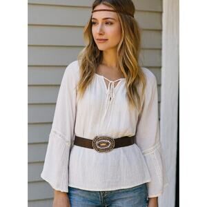Brown Leather Belt Beaded Oval Buckle Boho Western Tribal Statement Accessory M